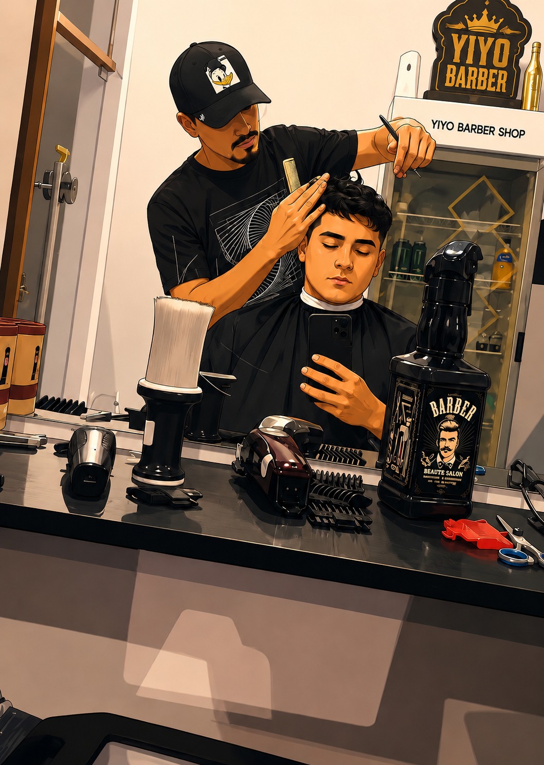 Barbero de Yiyo Barber realizando un corte degradado a un cliente